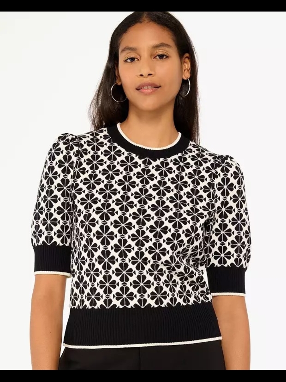 kate spade Black & White Spade Flower Jacquard Crewneck Sweater, Size XS. - Picture 2 of 4